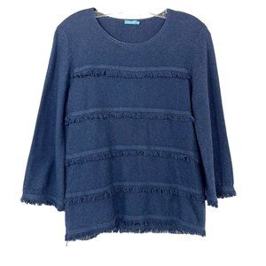 J. McLaughlin Turla Fringed Sweater Pullover Knit 3/4 Sleeve Navy Blue - SMALL